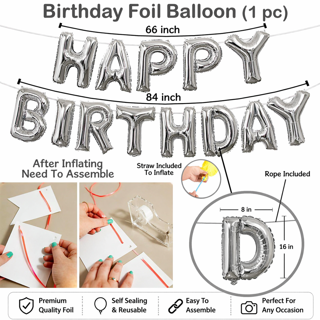 set of 2 Pcs Combo Happy Birthday Silver Foil balloons banner witn Gluedot for happy birthday decoration/happy birthday balloons banner/happy birthday balloon silver