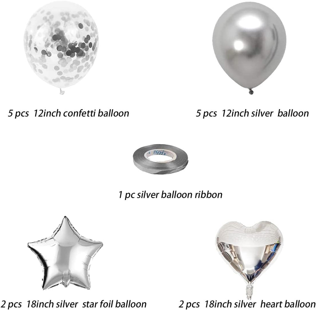 Birthday Banner with Balloon Sets with Star, Heart Foil Balloon, Birthday Banner for Birthday, Wedding, Festival Decoration Party Decoration Kids Baby Men Women Adult Party Supplies (Silver)