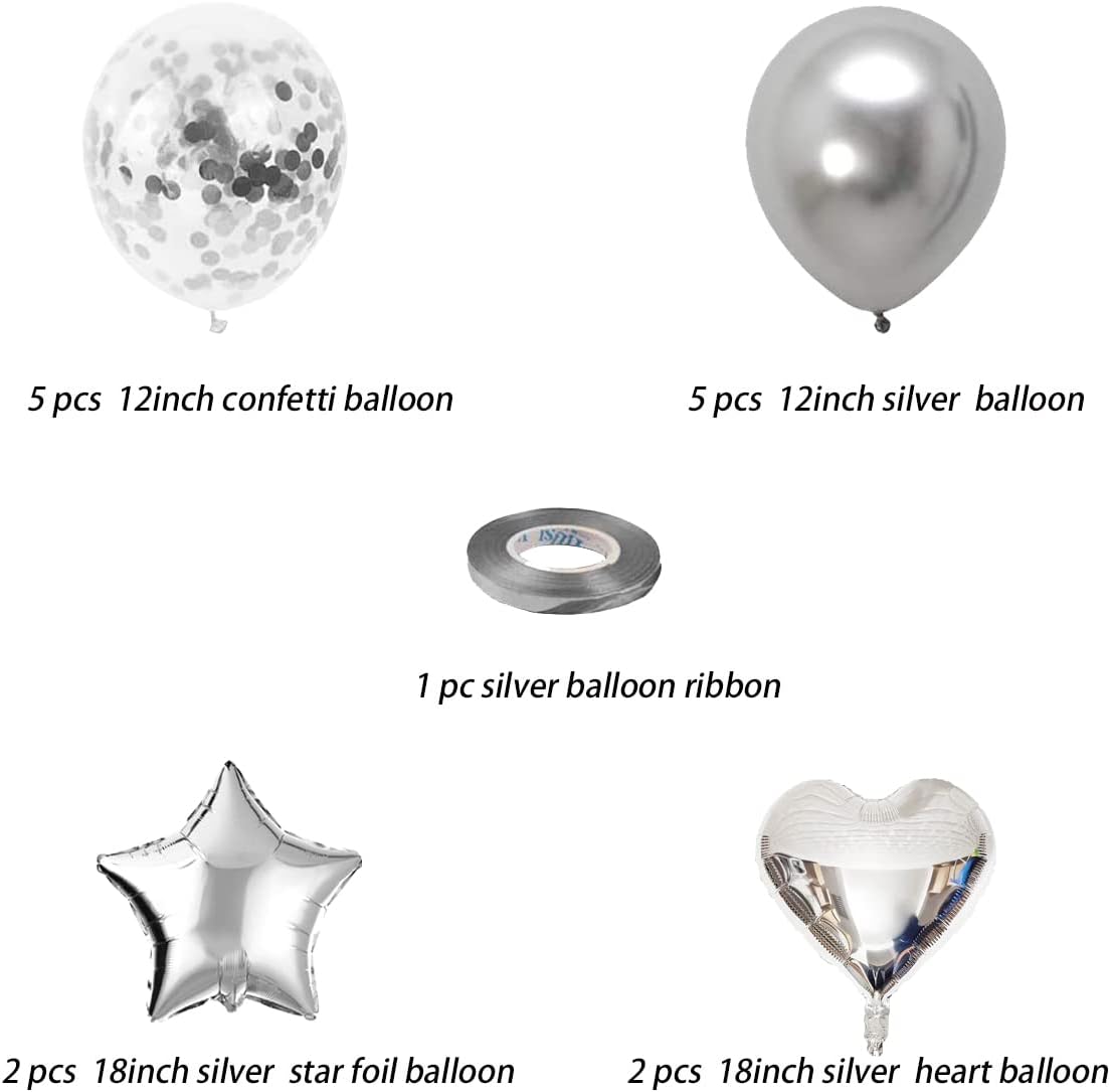 Birthday Banner with Balloon Sets with Star, Heart Foil Balloon, Birthday Banner for Birthday, Wedding, Festival Decoration Party Decoration Kids Baby Men Women Adult Party Supplies (Silver)