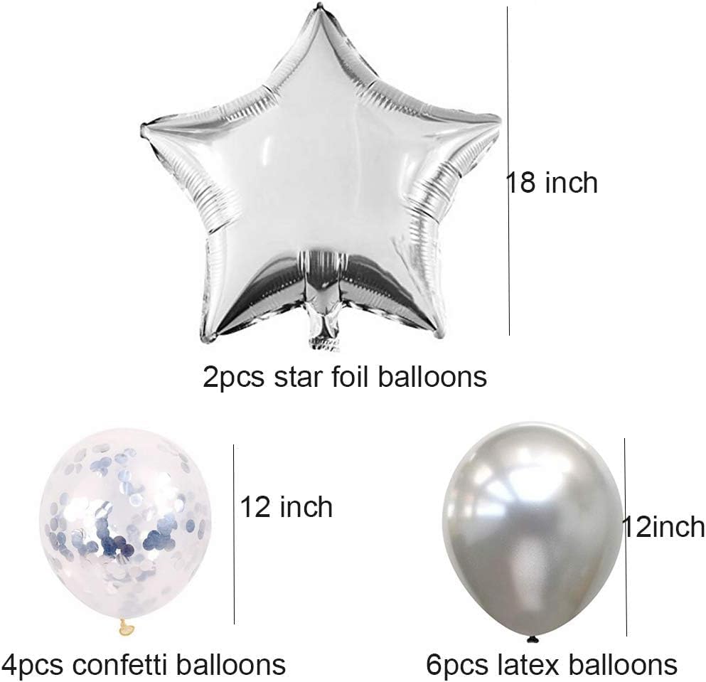 Silver Happy Birthday Balloons 13pcs Letters, 2pcs Giant Star Foil, 4pcs Confetti, 9pcs Latex Party Decorations
