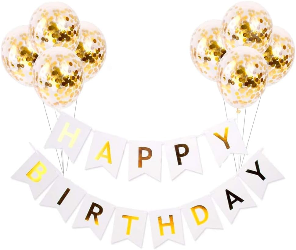 9Pcs Happy Birthday Decoration Set – White Happy Birthday Banner with Confetti Balloons and Ribbon- Birthday Party Decoration for Boys, Girls, Men & Women