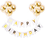 9Pcs Happy Birthday Decoration Set – White Happy Birthday Banner with Confetti Balloons and Ribbon- Birthday Party Decoration for Boys, Girls, Men & Women