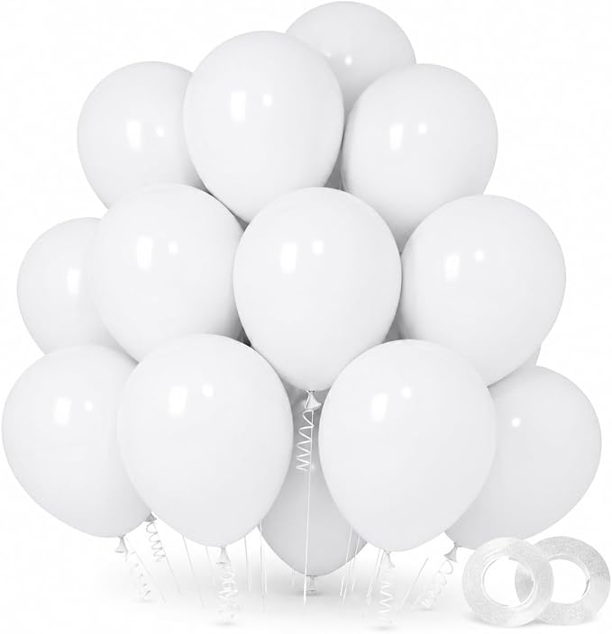 White Latex Balloons 100 Pack, 12 Inch Party Balloons with 2 Rolls of Ribbon, Helium Quality Balloons for Wedding, Birthday, Baby Shower, Engagement, Anniversary & Party Decorations