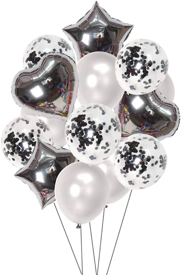 Party Mix Silver Metallic, Confetti and Foil Balloons for All Kind of Balloon Party Decorations (Silvery), 14 Pieces Combo