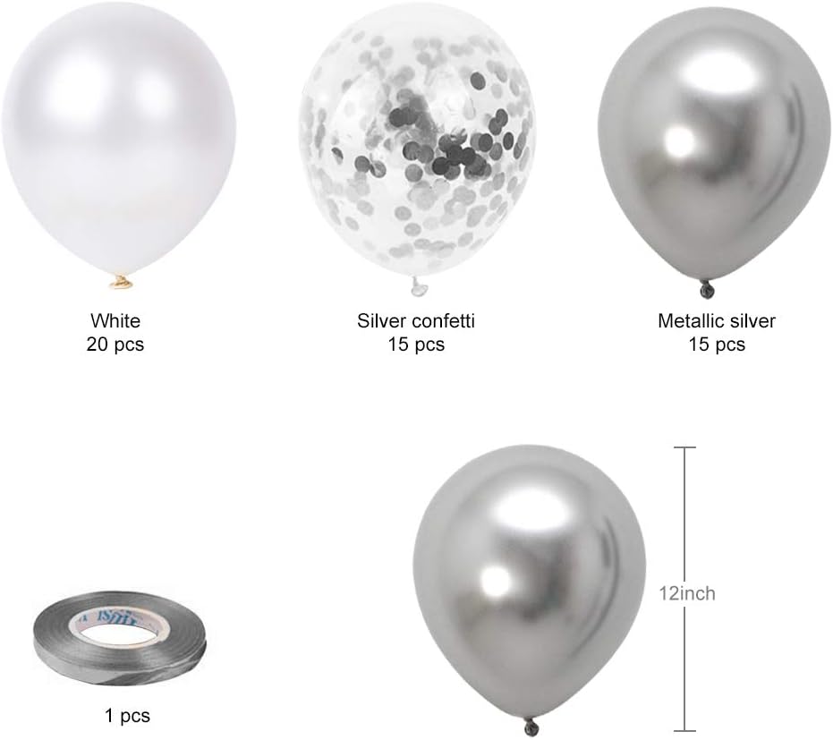 White Silver Confetti Latex Balloons, 50 Pack 12inch Silver Metallic Chrome Party Balloon Set with Silver Ribbon for Wedding Birthday Baby Shower Decorations