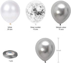 White Silver Confetti Latex Balloons, 50 Pack 12inch Silver Metallic Chrome Party Balloon Set with Silver Ribbon for Wedding Birthday Baby Shower Decorations