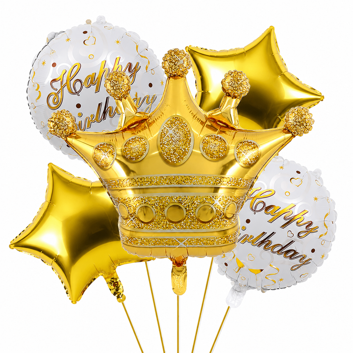Crown Birthday Theme 5 Pcs Foil Balloon Set – Decorative Balloons for Party Decorations