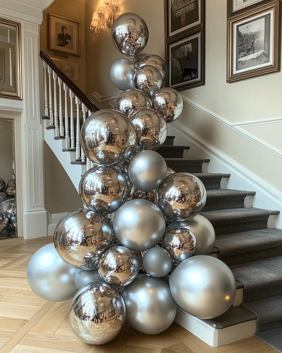 Silver Metallic Chrome Latex Balloons – 100 Pack, 12 inch Silver Round Helium Balloons for Wedding, Graduation, Anniversary, Baby Shower, and Birthday Party Decorations