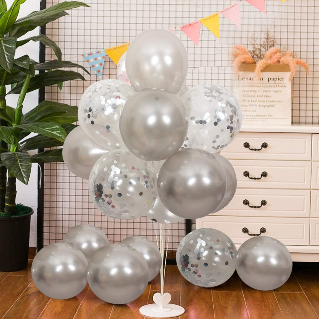 50 12-inch Latex Balloons, 25 Pearlized Pearlescent Silver+25 Transparent with Confetti Large Thick Big Round Shining Biodegradable Bulk Helium Gas Air Inflated Kids Birthday Wedding Party Decorations