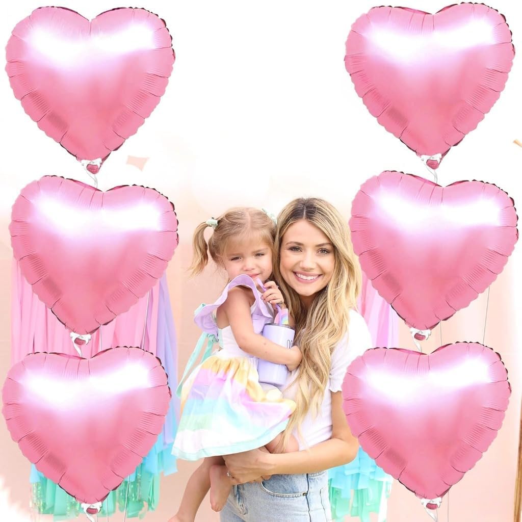 Pink Heart Balloons for Party Decoration - Pack of 6, 18 Inch | Foil Heart Shaped Balloons for Wedding Decorations | Pink Balloons for Engagement, Bridal Shower, Valentines Decorations or Anniversary