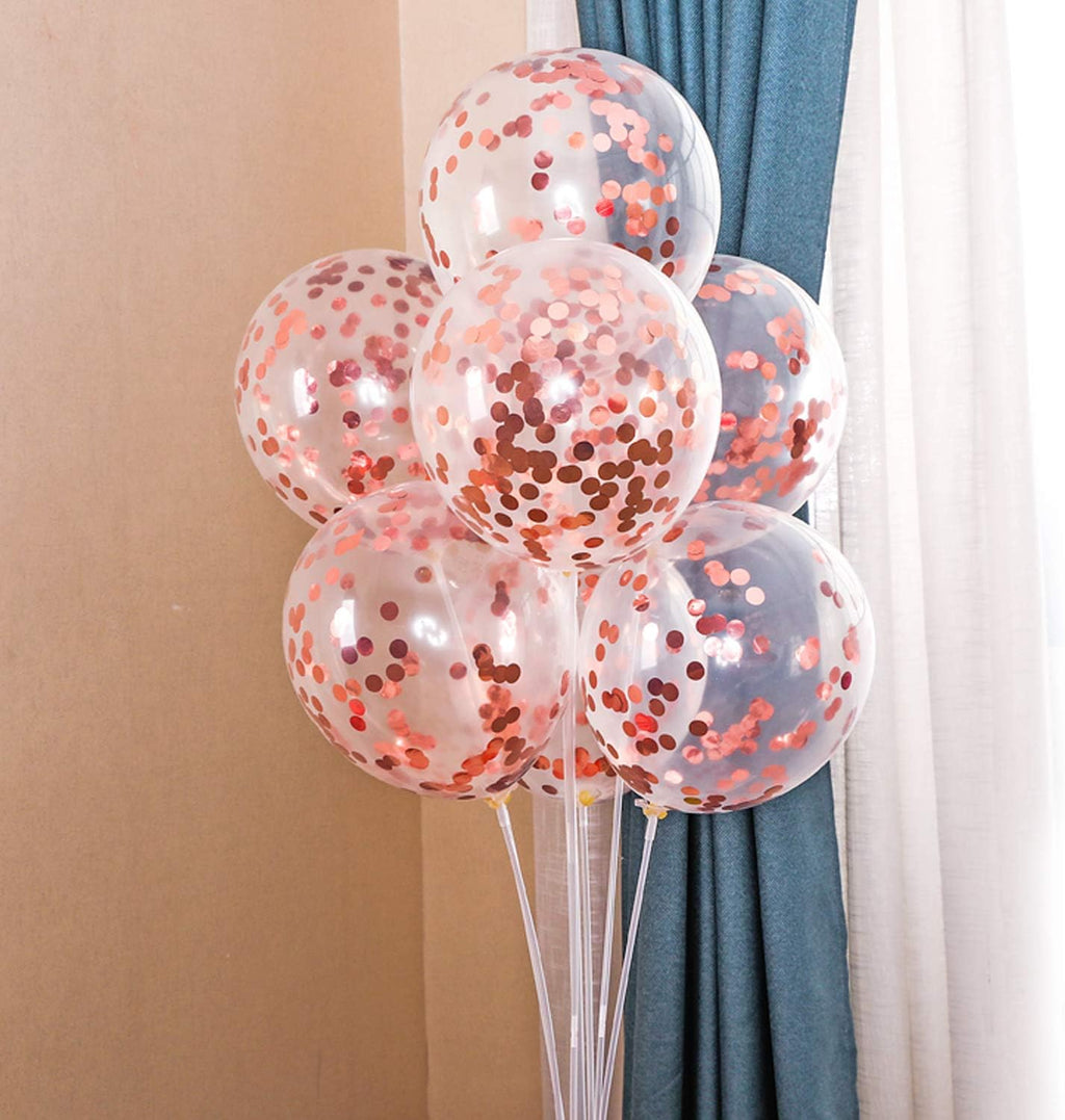 50 12-inch Transparent Latex Balloons with Rose Gold Confetti Large Thick Big Round Shining Biodegradable Bulk Helium Gas or Air Inflated for Kids Birthday Wedding Party Decorations Supplies Favors