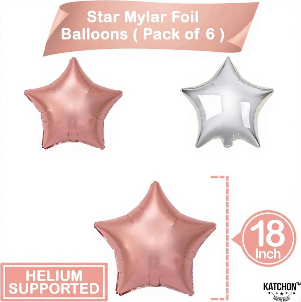 Rose Gold and Silver Star Balloons – 18 Inch, Pack of 6 Rose Gold Star Foil Balloons for Birthday Party Decorations Elegant Mylar Star Balloons in Rose Gold and Silver – Perfect for Silver & Rose Gold