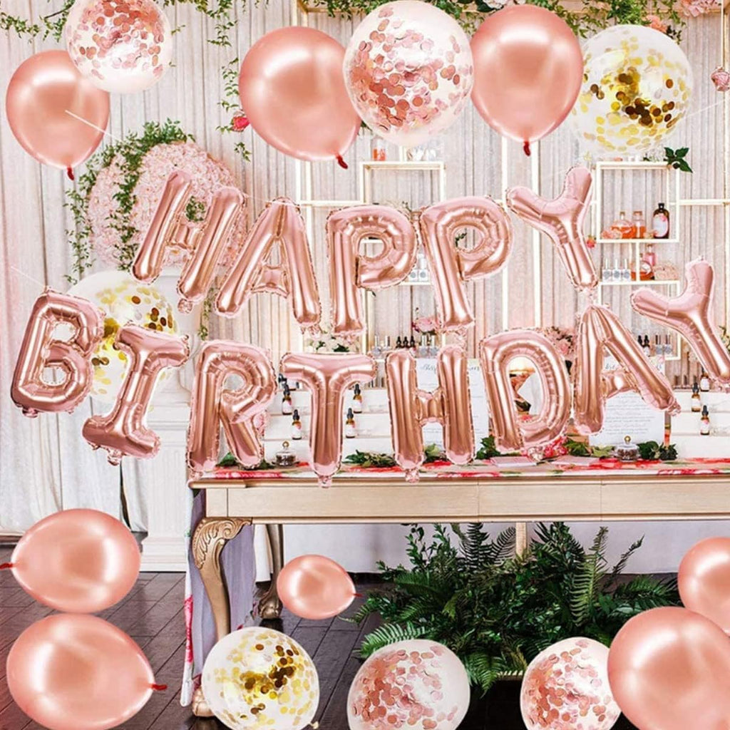 Rose Gold Happy Birthday Balloon Banner with White and Rose Gold Confetti Balloons – Perfect decoration for women’s and girls’ birthday parties.