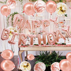 Rose Gold Happy Birthday Balloon Banner with White and Rose Gold Confetti Balloons – Perfect decoration for women’s and girls’ birthday parties.