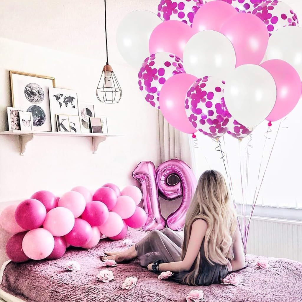 Pink, White and Pink Confetti Latex Balloons Kit – Pack of 30 | Pink White Helium Balloons for Girl Birthday Decoration | Romantic Balloons for Anniversary, Wedding, Valentines Party Decor, Baby Showe