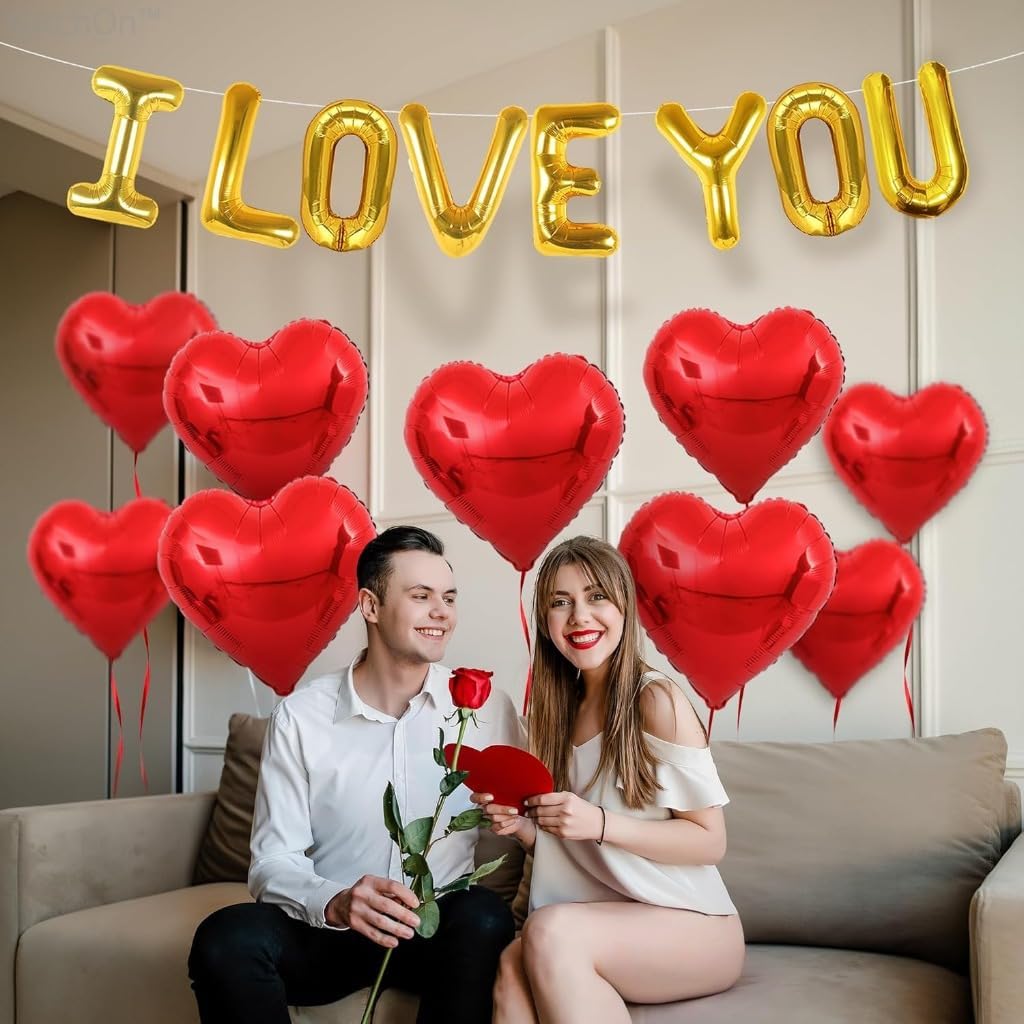 I Love You Balloons and Heart Balloons Kit – Pack of 28 – Valentine’s Day Decorations for Party – Includes 10 Red Heart-Shaped Foil Balloons (18 Inch)