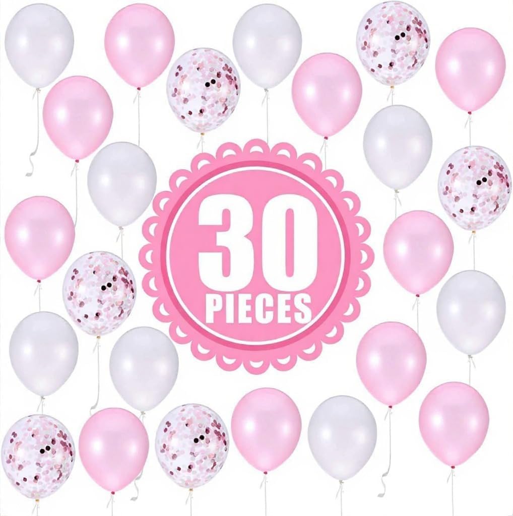 Pink and White Confetti Party Balloons Pack of 30 | Light Pink and White Confetti Latex Balloon Decorations Supplies | Great for Birthday Party Backdrop, Baby Bridal Shower, Wedding