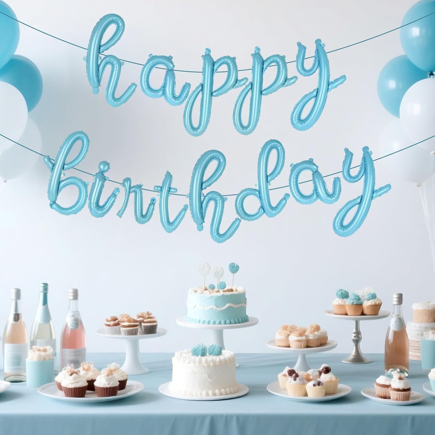 Cursive Happy Birthday Banner Balloons – Foil Letter Balloons Blue – Happy Birthday Sign – Birthday Party Decoration for Boys, Girls, Men & Women – Birthday Balloons