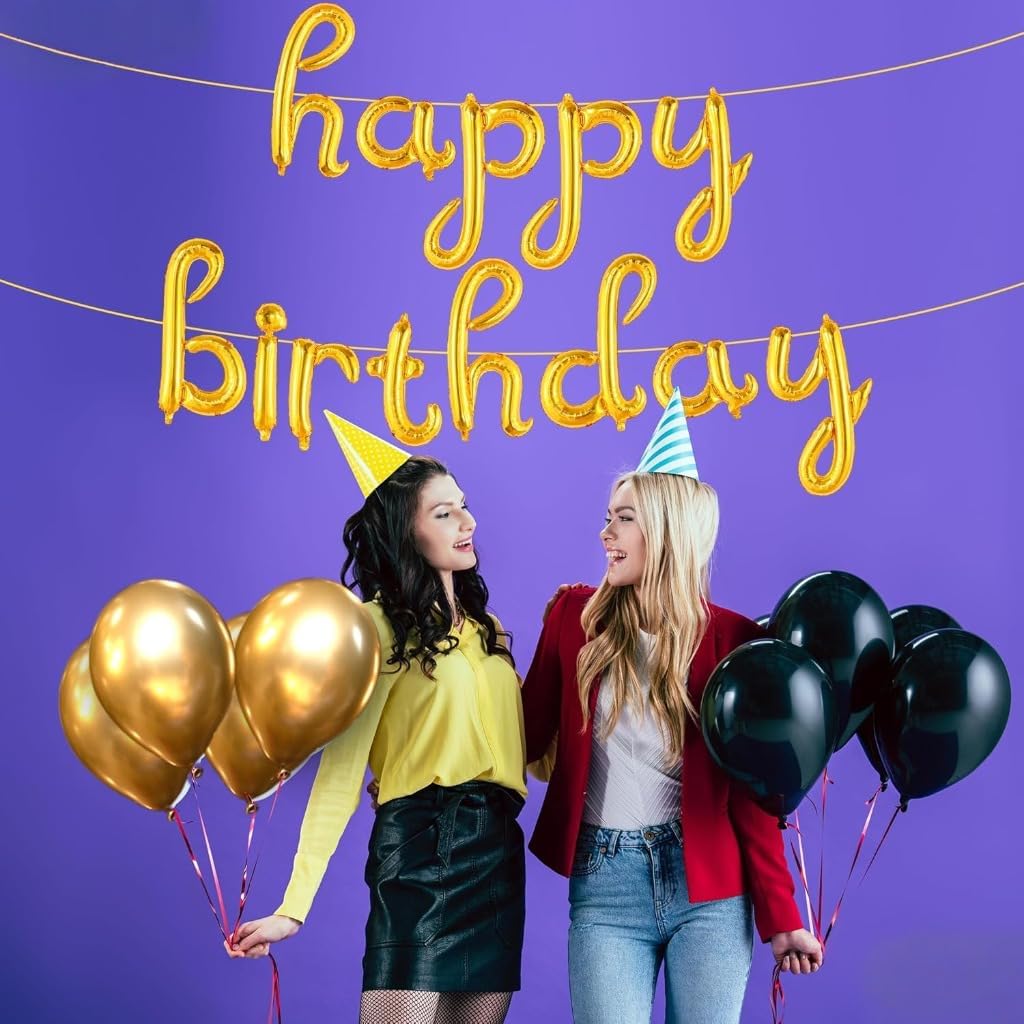 Gold Cursive Happy Birthday Banner – 16 Inch Balloon Banner, Decorations for Birthday Party