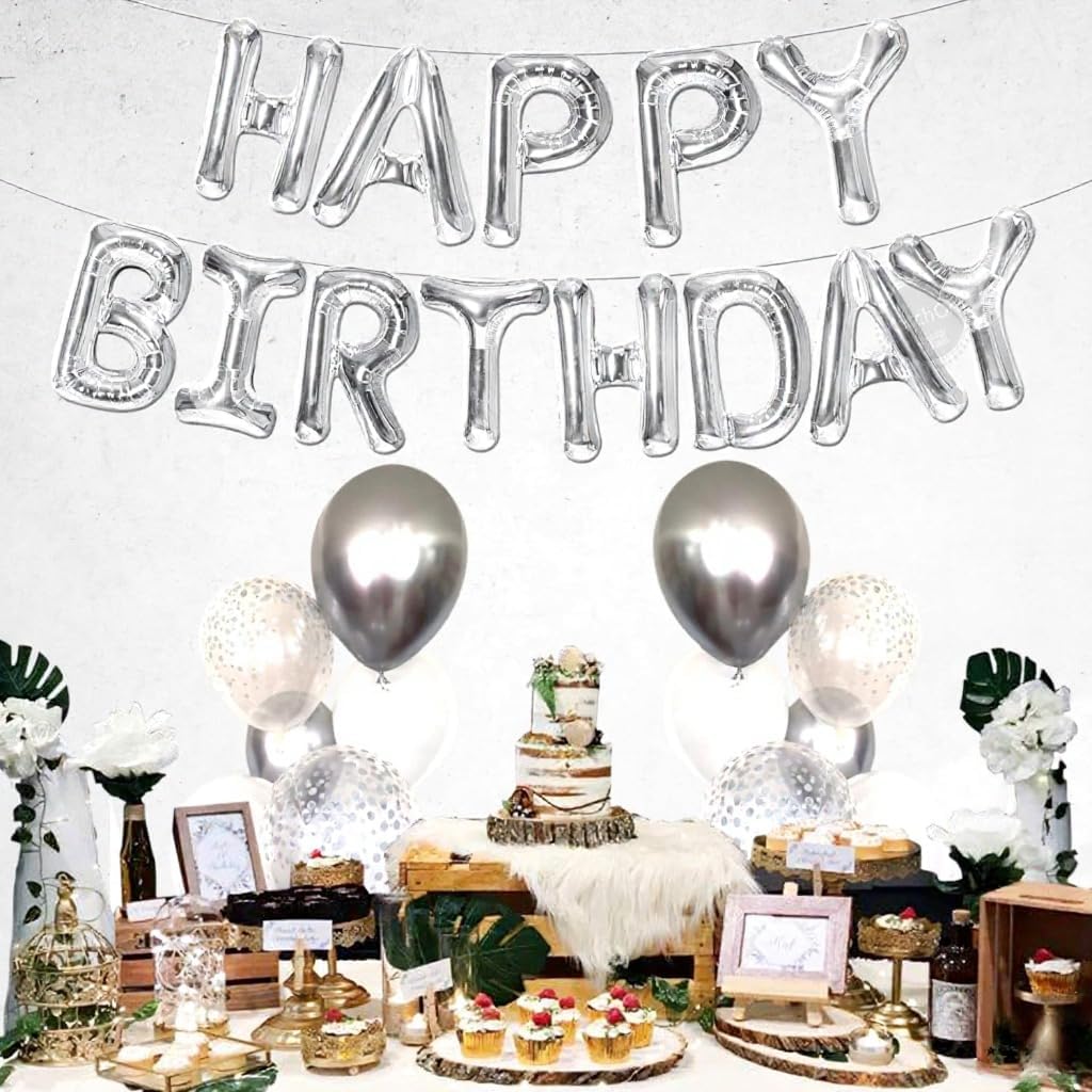 Silver Happy Birthday Balloons Banner - 16 Inch | Happy Birthday Sign Balloons for Happy Birthday Decorations | Happy Birthday Party Decoration | Happy Birthday Banner for Birthday Party Decoration