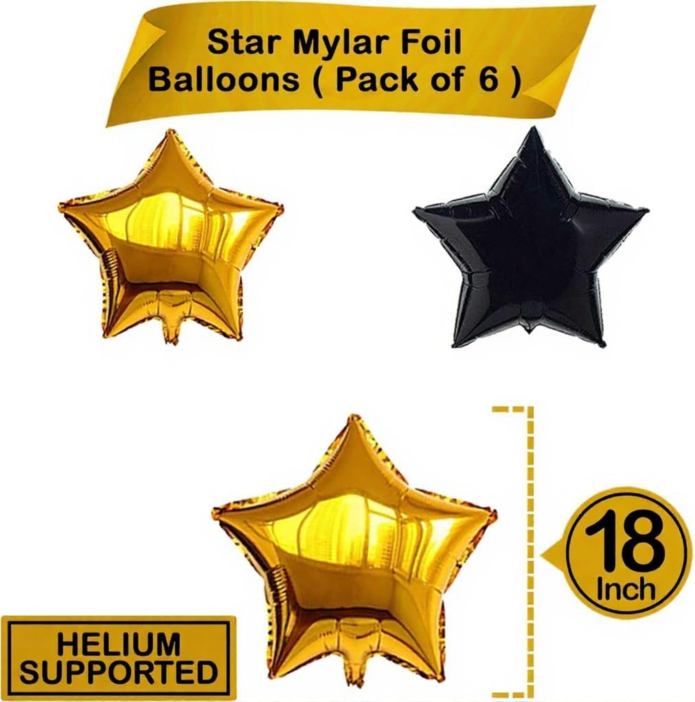 Gold and Black Star Foil Balloon Set - 6 Pack, 18 Inch | Twinkle Little Gold Black Party Balloons for Birthday Decoration | Star Shaped Helium Balloons for Wedding, Engagement, Bridal Baby Shower