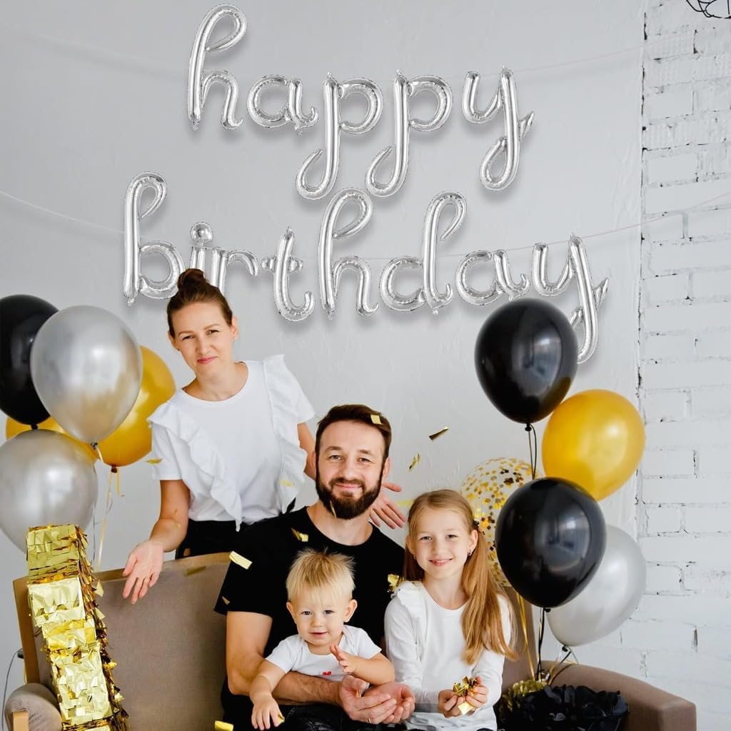 Silver Balloon Banner – 16 Inch | Happy Birthday Cursive Sign, Banner, Decorations, Balloons, Party Décor