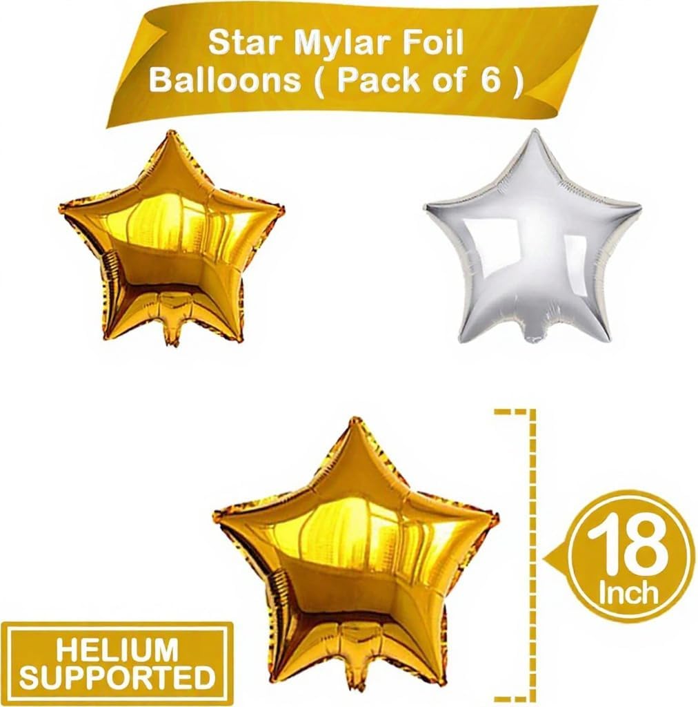 Gold and Silver Star Foil Balloon Set – 6 Pack, 18 Inch Shining Gold and Silver Party Balloons for Birthday Decoration Star-Shaped Helium Balloons for Wedding Decor, Holiday Party, Bridal Shower, and