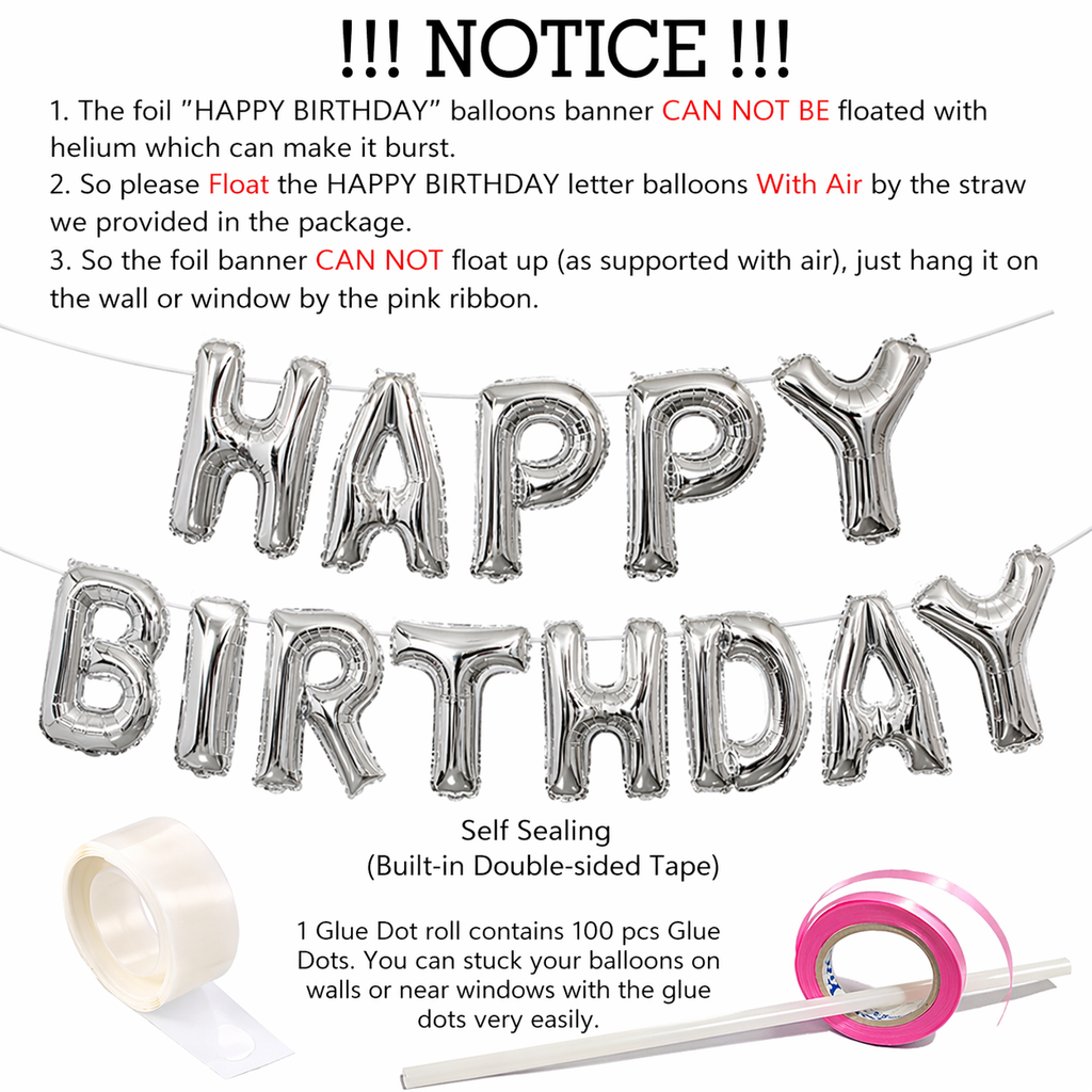 set of 2 Pcs Combo Happy Birthday Silver Foil balloons banner witn Gluedot for happy birthday decoration/happy birthday balloons banner/happy birthday balloon silver