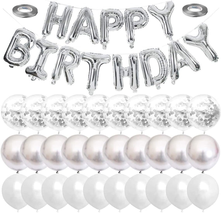 Beauenty Silver Happy Birthday Balloons Banner White And Silver Confetti Balloons for Birthday Party Decorations