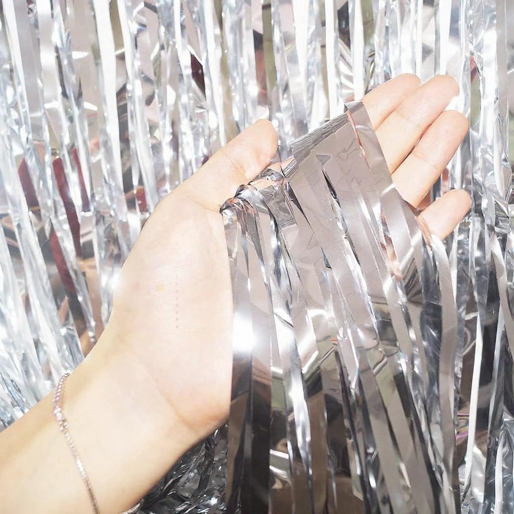 3ft x 6ft Silver Foil Fringe Curtains, Pack of 3 - Tinsel Backdrop for Birthday, Bachelorette, Baby Shower, Anniversary - Photo Booth Wall