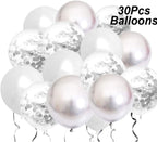 Silver Happy Birthday Balloon Banner with White and Silver Confetti Balloons – Ideal for birthday party decorations.