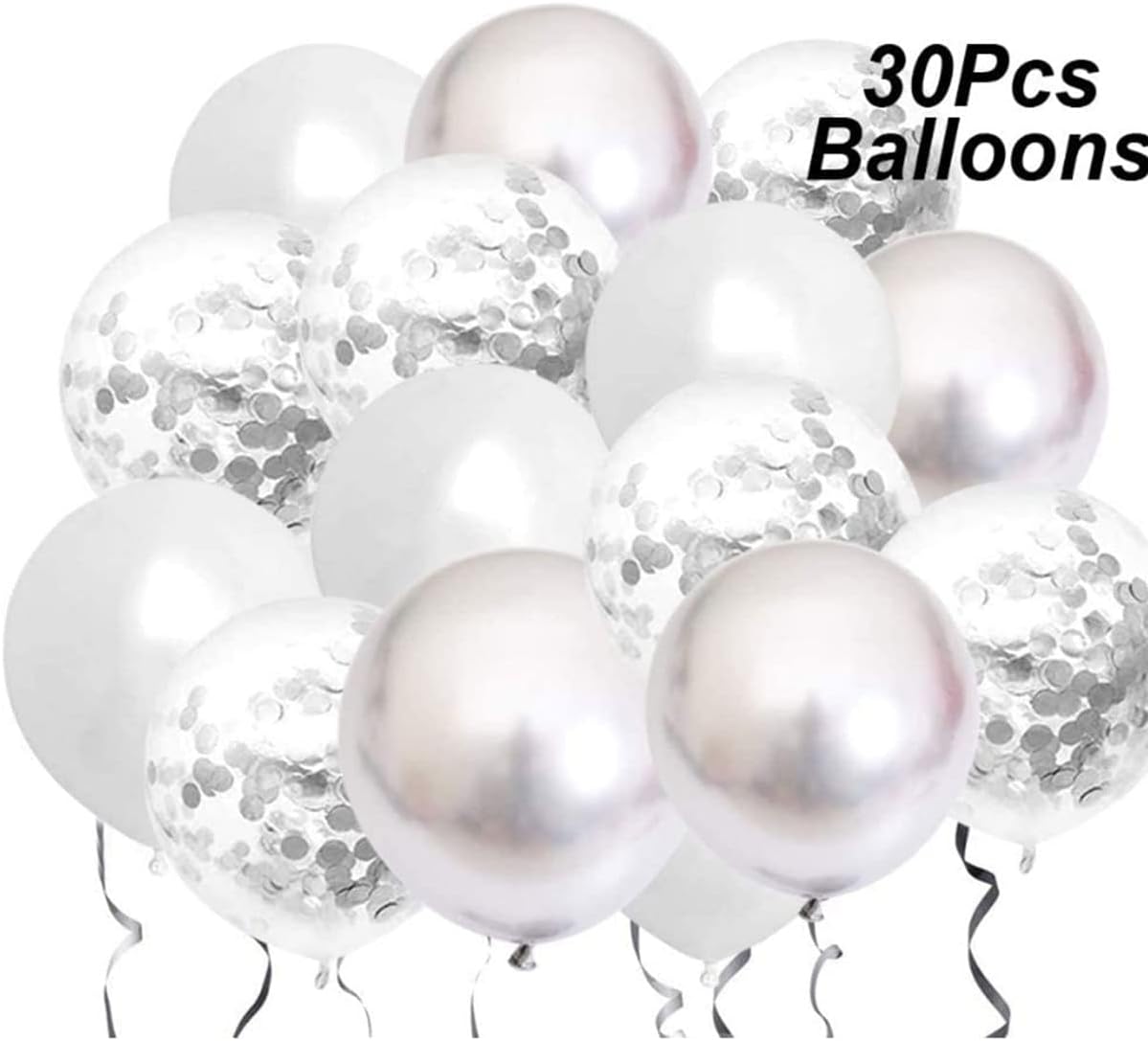 Silver Happy Birthday Balloon Banner with White and Silver Confetti Balloons – Ideal for birthday party decorations.