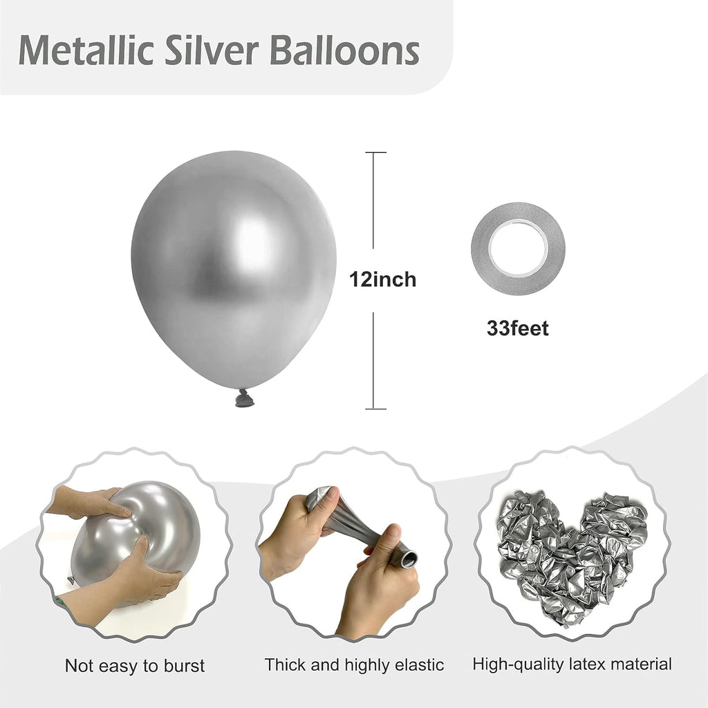Metallic Silver Balloons 12 inch, 50 Pack Chrome Silver Latex Party Balloons Helium Quality for Birthday Graduation Baby Shower Disco Wedding Party Decorations (with Silver Ribbon)
