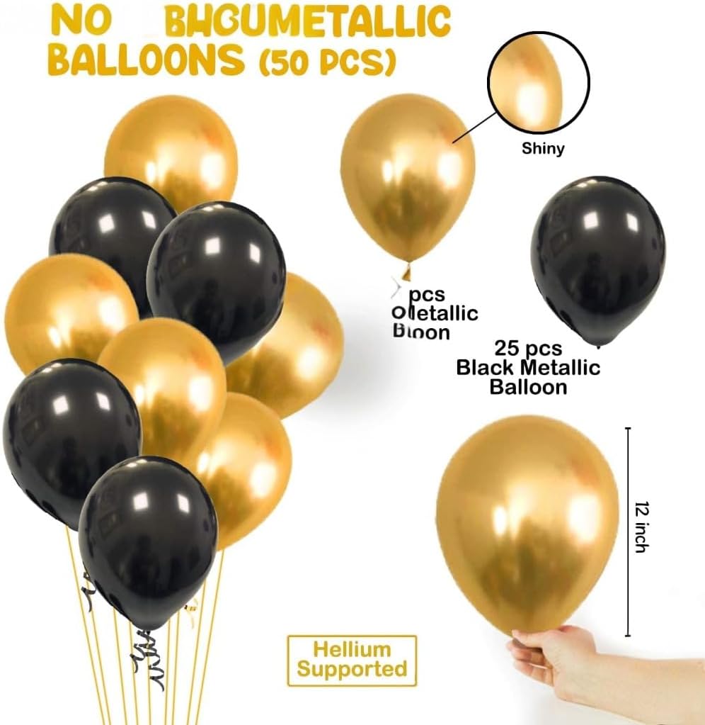 Golden Happy Birthday Letters Foil Balloon Set Decoration Combo with 51 Pcs Black and Gold Metallic Balloon