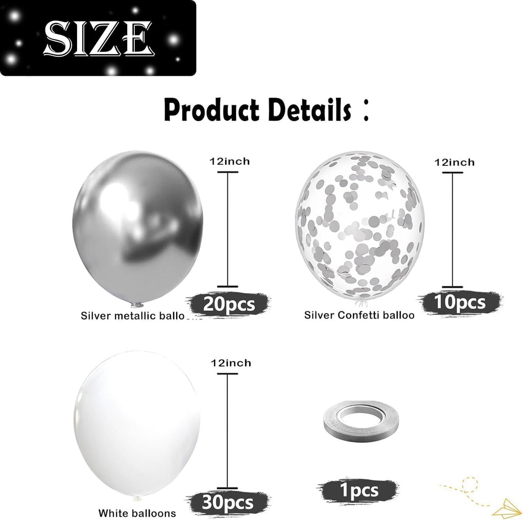 60Pcs/Set Metallic Silver White and Silver Confetti Balloons 12 inches White Silver Latex Balloon Kit Birthday Party Wedding Decoration Supplies