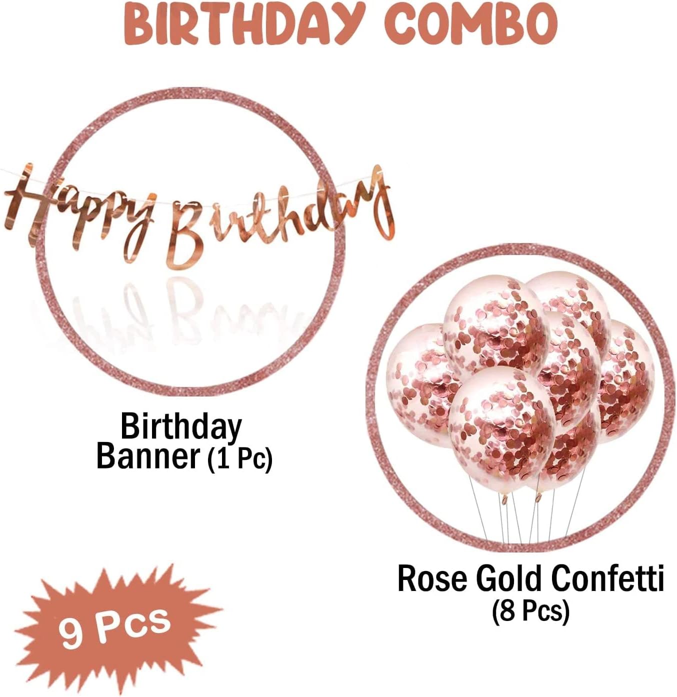 9Pcs Happy Birthday Decoration Set – Rose Gold Happy Birthday Banner with Confetti Balloons and Ribbon- Birthday Party Decoration for Boys, Girls, Men & Women