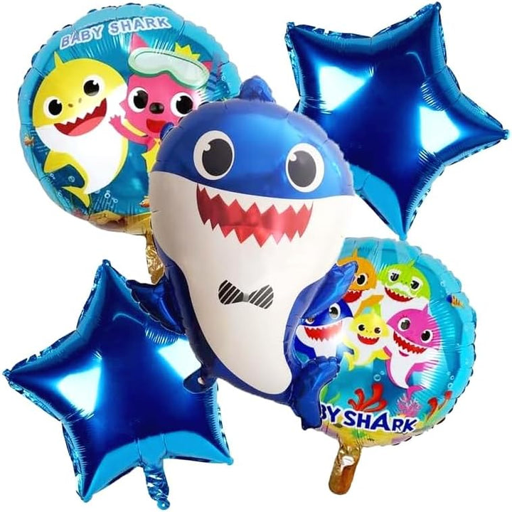 Blue Shark Theme 5 Pcs Foil Balloon Set – Decorative Balloons for Party Decorations