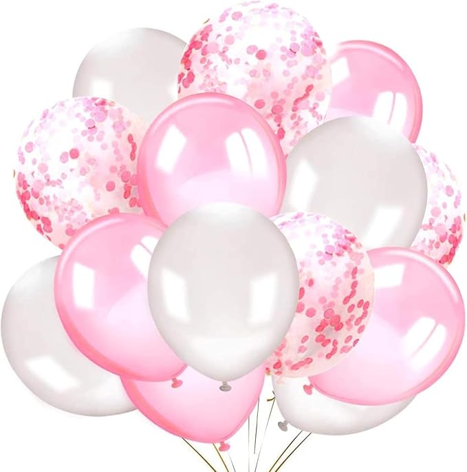 Light pink & white Confetti Balloons Set – Pack of 30, 12 Inch | Silver Party Balloon Decorations | Confetti Silver Balloons for Birthday Party | Latex Balloons for Bridal Shower, Home, Office Decor