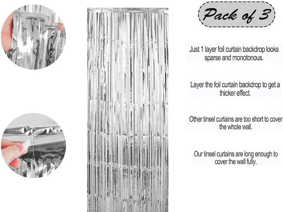 3ft x 6ft Silver Foil Fringe Curtains, Pack of 3 - Tinsel Backdrop for Birthday, Bachelorette, Baby Shower, Anniversary - Photo Booth Wall