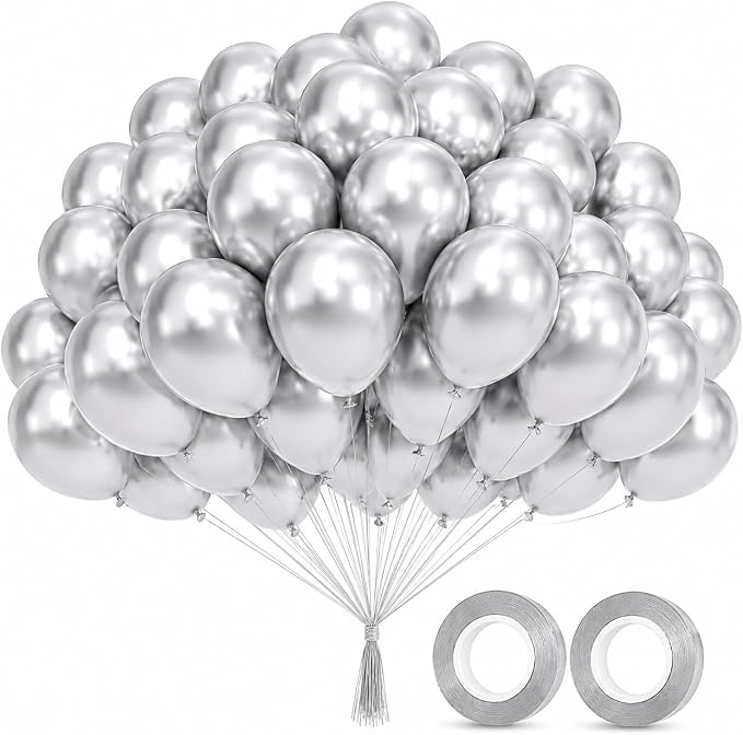 Silver Latex Balloons 100 Pack, 12 Inch Party Balloons with 2 Rolls of Ribbon, Helium Quality Balloons for Wedding, Birthday, Baby Shower, Engagement, Anniversary & Party Decorations