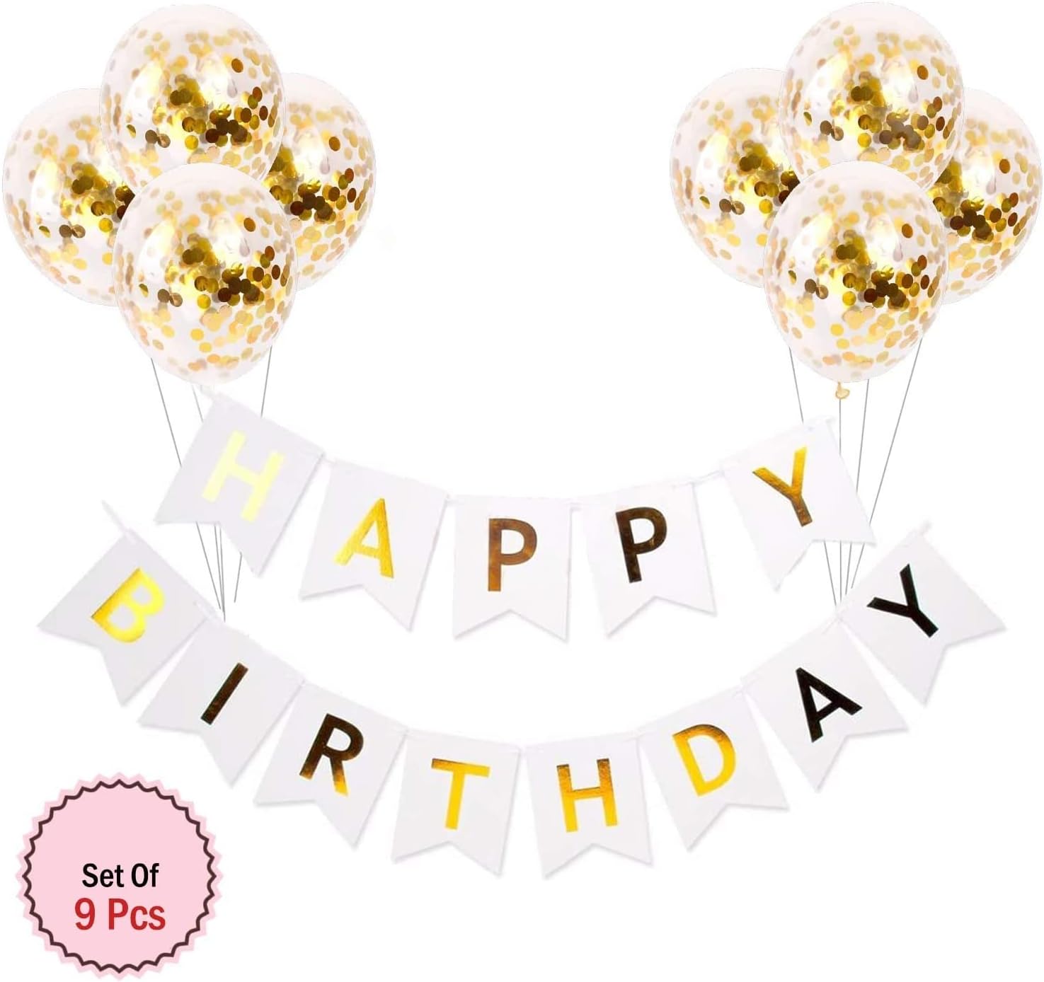 9Pcs Happy Birthday Decoration Set – White Happy Birthday Banner with Confetti Balloons and Ribbon- Birthday Party Decoration for Boys, Girls, Men & Women