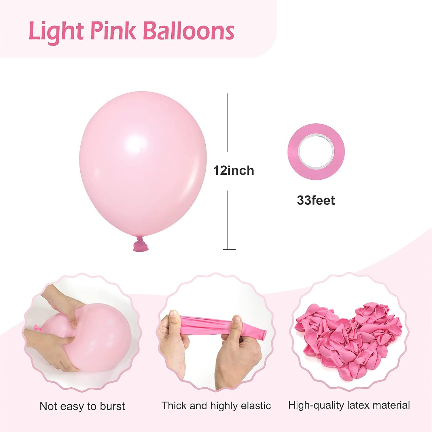 Pink Balloons - 12 Inch, 50 Pack Light Pink Latex Party Balloons with Pink Ribbon for Birthday, Graduation, Bridal, Baby Shower, Gender Reveal & Princess Parties