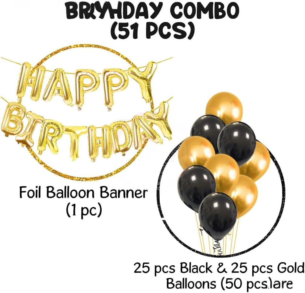 Golden Happy Birthday Letters Foil Balloon Set Decoration Combo with 51 Pcs Black and Gold Metallic Balloon