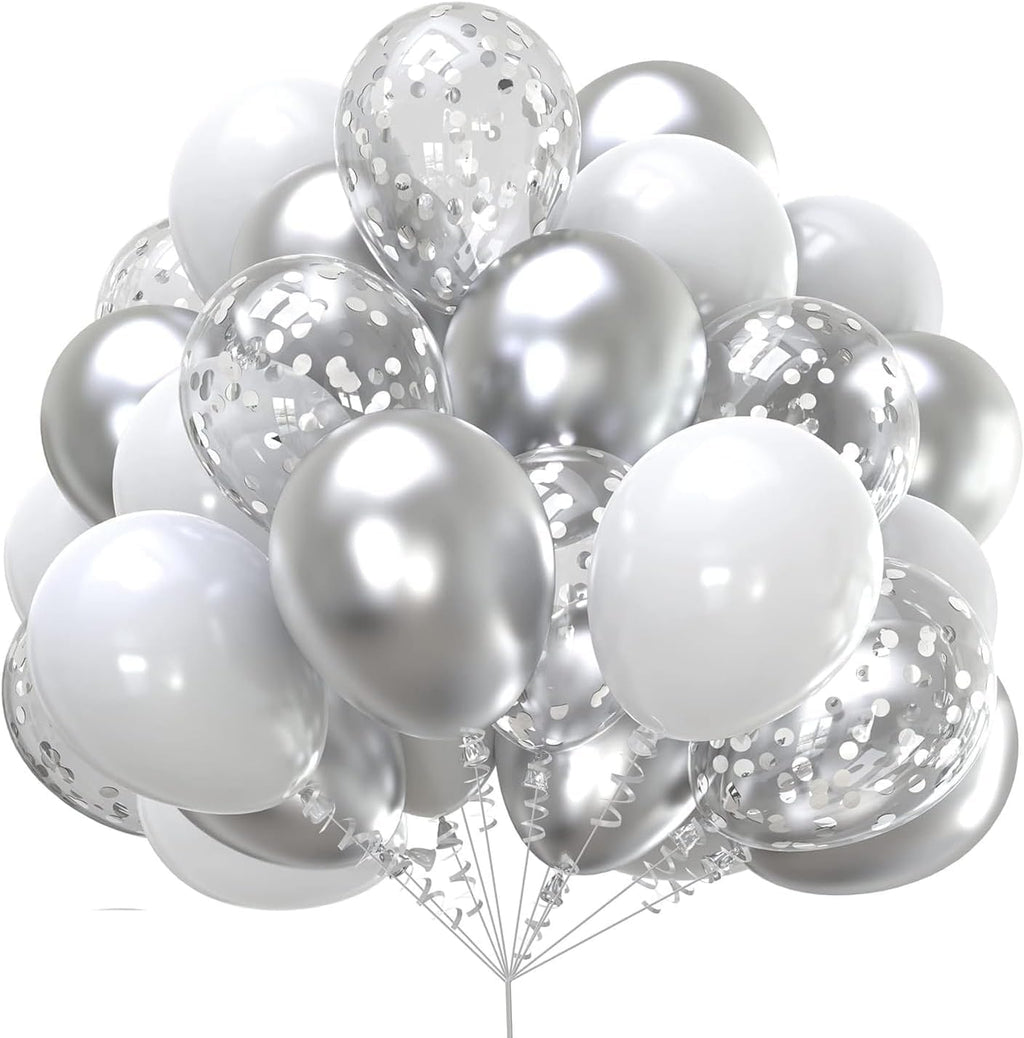 60Pcs/Set Metallic Silver White and Silver Confetti Balloons 12 inches White Silver Latex Balloon Kit Birthday Party Wedding Decoration Supplies