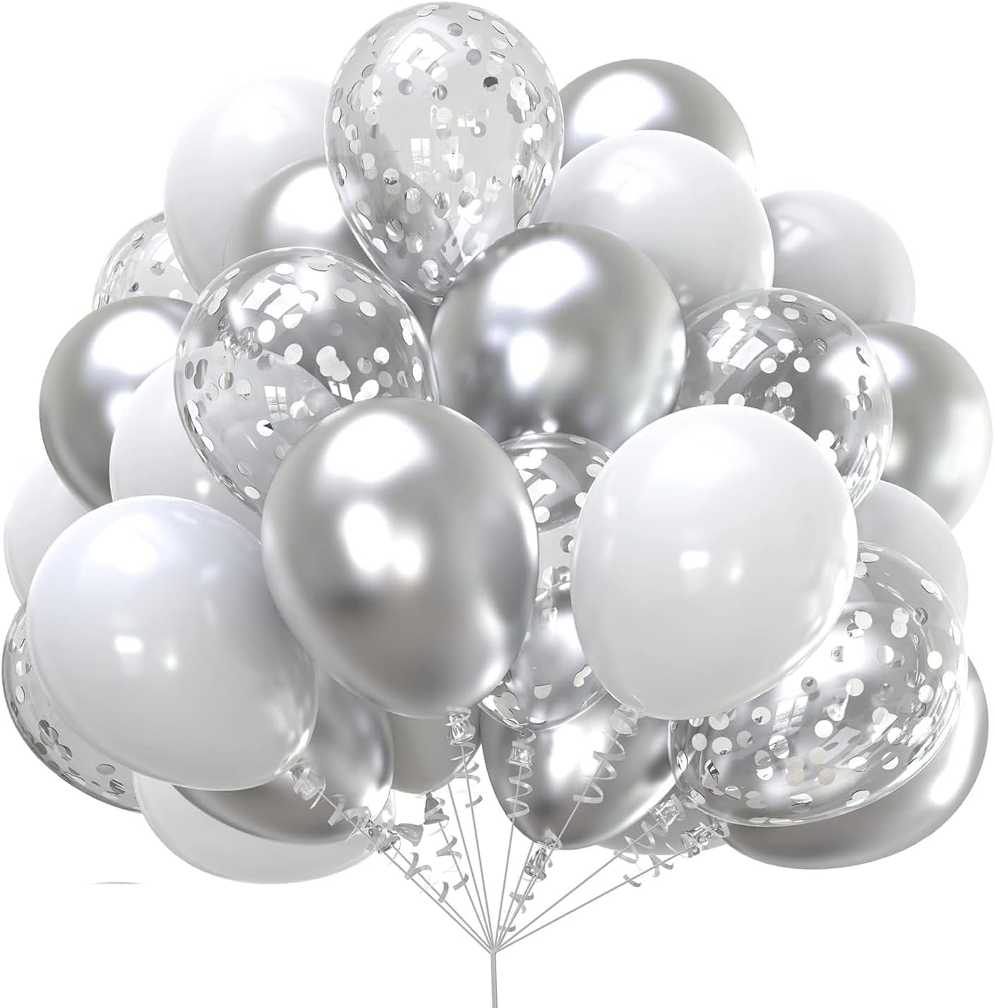 60Pcs/Set Metallic Silver White and Silver Confetti Balloons 12 inches White Silver Latex Balloon Kit Birthday Party Wedding Decoration Supplies