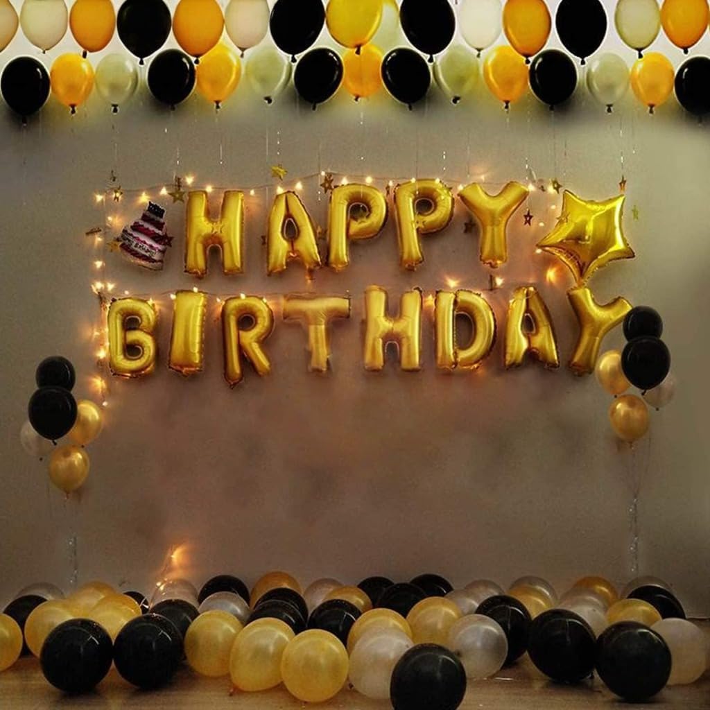 Golden Happy Birthday Letters Foil Balloon Set Decoration Combo with 51 Pcs Black and Gold Metallic Balloon