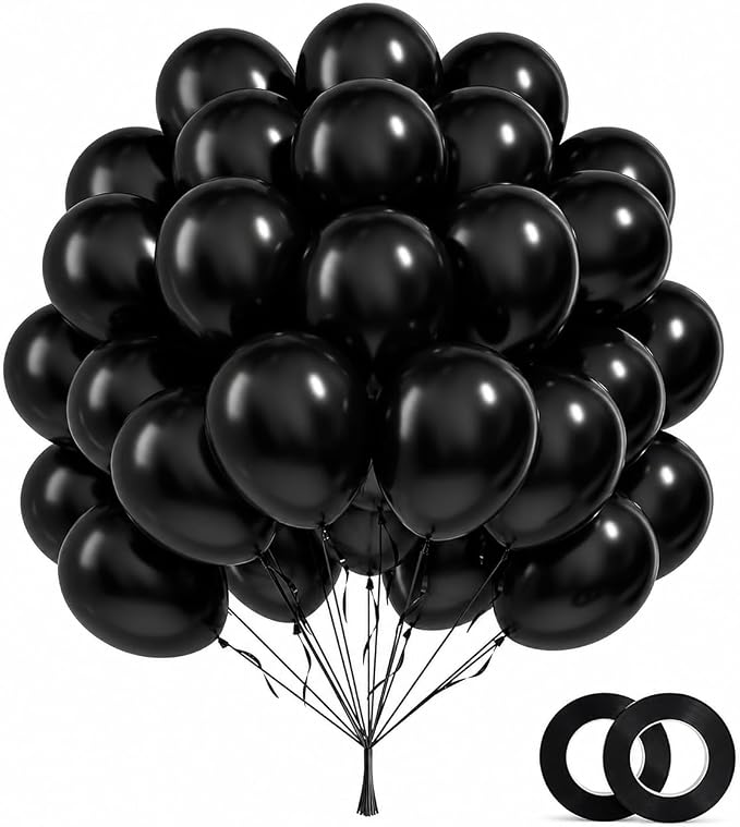 Black Latex Balloons 100 Pack, 12 Inch Party Balloons with 2 Rolls of Ribbon, Helium Quality Balloons for Wedding, Birthday, Baby Shower, Engagement, Anniversary & Party Decorations