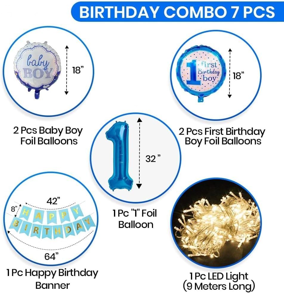 Birthday Decoration Paper Kit For 1St Birthday Boys 7 Pcs With Lights, Blue