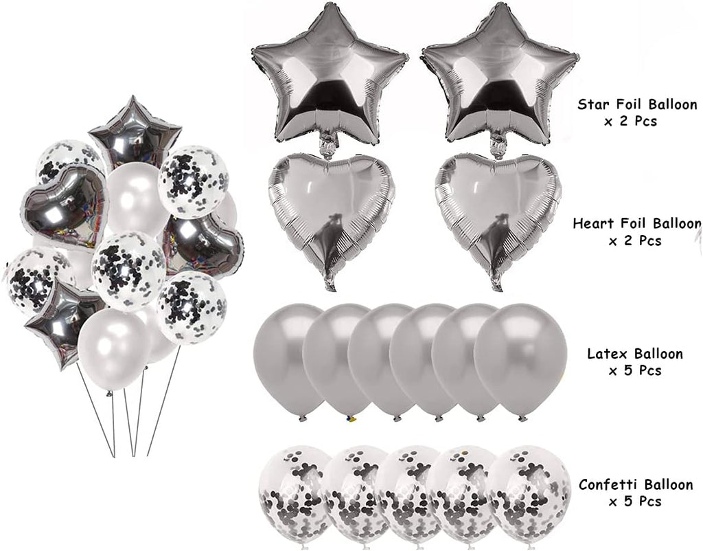 Party Mix Silver Metallic, Confetti and Foil Balloons for All Kind of Balloon Party Decorations (Silvery), 14 Pieces Combo