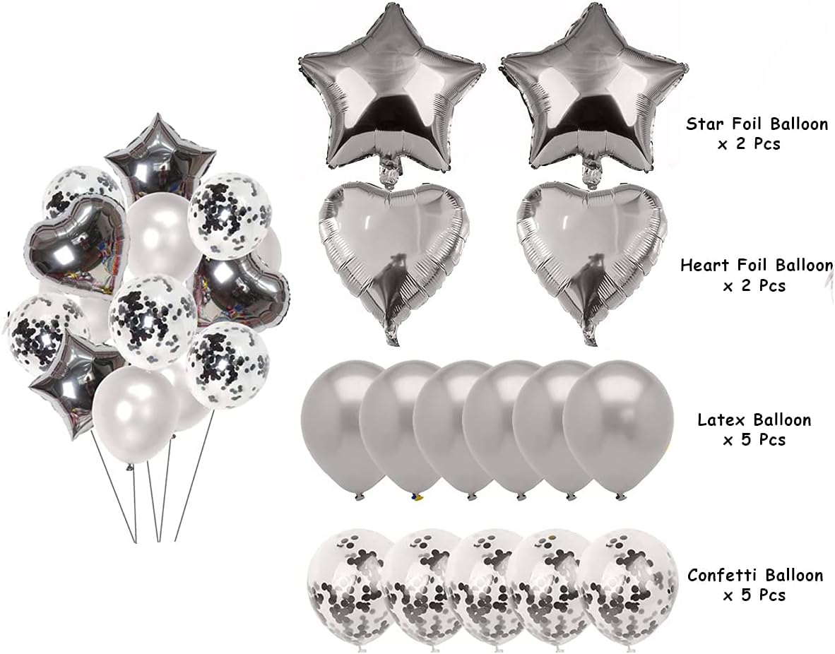 Party Mix Silver Metallic, Confetti and Foil Balloons for All Kind of Balloon Party Decorations (Silvery), 14 Pieces Combo